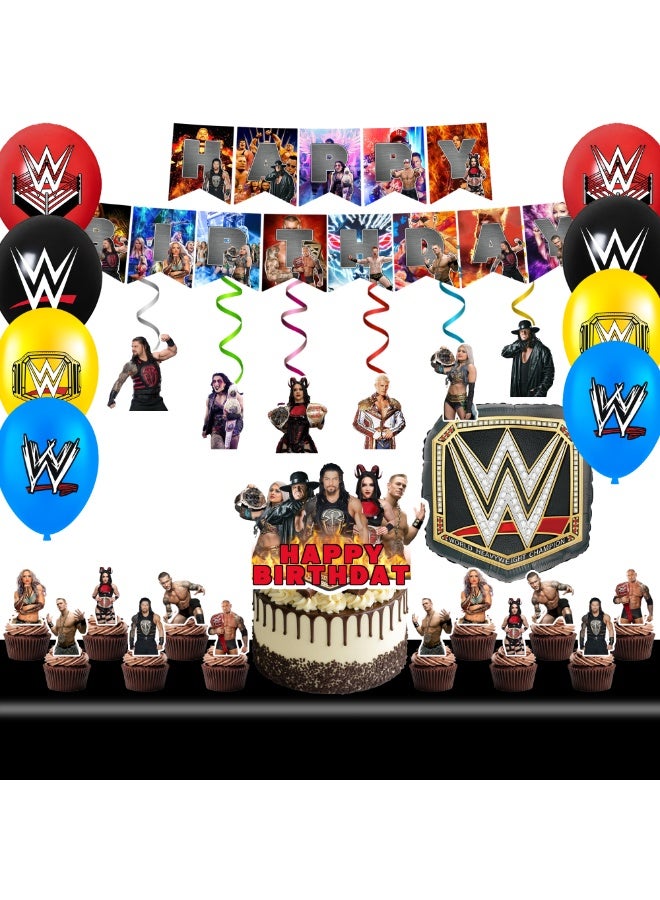 WWE Wrestling Birthday Party Decorations Set, 34PCS WWE Party Supplies with Banner Cake Topper Balloons Tablecloth Spiral Hanging Decor Foil Balloon for Birthday Decoration Supplies - Image 1